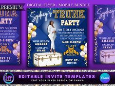 an event flyer for a party with balloons and confetti on the table,