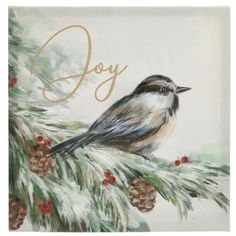 a christmas card with a bird and pine cones