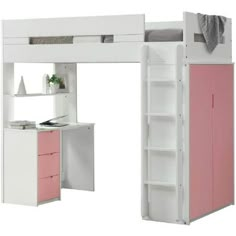 a white loft bed with pink and white drawers underneath it is next to a desk