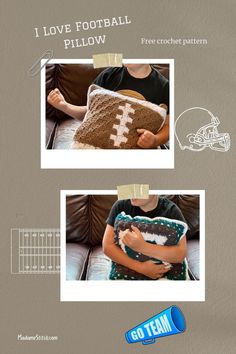 two pictures with the same person holding a stuffed animal in it's arms, and one has a football pillow