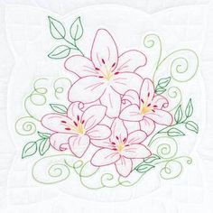 a drawing of pink flowers with green leaves and swirls on a white paper background