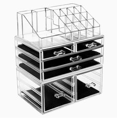 the drawers are clear and have five compartments on each side, with one drawer open