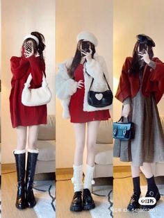 Asian Christmas Outfit, Japanese Christmas Outfit, Christmas Concert Outfit, Korean Winter Fashion Outfits, Red Christmas Outfit, Christmas Outfit Ideas For Women Classy, Japanese Fashion Women, Red And White Outfits, Japan Outfits