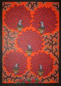 an orange and red painting with birds on it's sides, surrounded by leaves