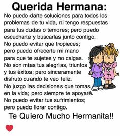 an image of two children hugging each other with the words querida hermana in spanish