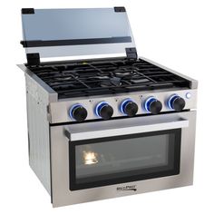 a stainless steel stove with four burners and an oven door open to the side