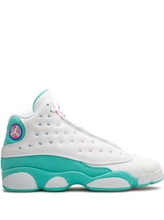 the air jordan 13 retro is available in white and aqua blue, with pink accents