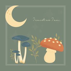 an illustration of mushrooms with the moon in the background