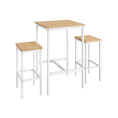 three white and wood stools with one wooden seat on each side, against a white background