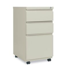 an office filing cabinet with three drawers on casteors and wheels, in light grey