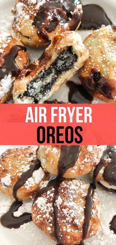 an air fryer oreos with chocolate drizzled on top and powdered sugar on the bottom