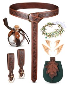 an assortment of items including a leather belt, bottle opener and keychain with leaves on it