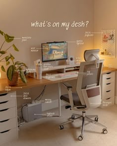 an office desk with a computer on it and labeled parts labelled in the top right corner