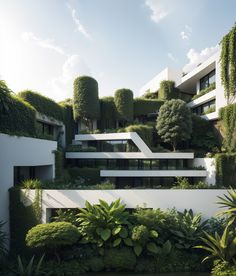 an architecturally designed building with trees and bushes on the side, surrounded by greenery