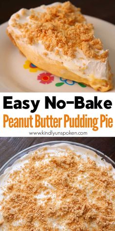 an easy no - bake peanut butter pudding pie is ready to be eaten and served