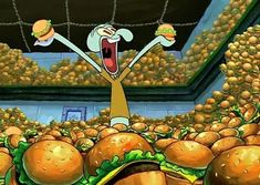 an animated image of a cartoon character with hamburgers in front of him and his mouth wide open