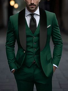 Ensemble veste de costume et pantalon à simple boutonnage manches longues col à revers pour homme Vert Travail    Blocs de couleur,Rayé  Pas de l'extensibilité  Men Clothing, size features are:Bust: ,Length: ,Sleeve Length: Black And Emerald Suit Men, Emerald Suit Groom, Emerald Green Groomsmen Suits, Green Suits For Men Wedding, Emerald Green Suits For Men, Best Man Outfit Wedding, Emerald Green Suits, Big And Tall Suits For Men, Mens Lifestyle Fashion