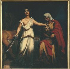 an image of a painting of two people in ancient dress and one is holding the hand of another person