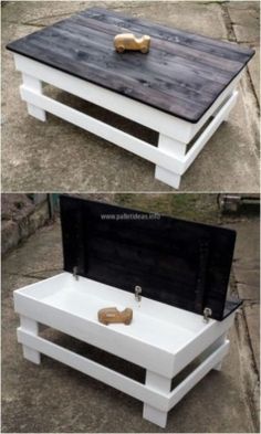 a white and black coffee table with gold handles