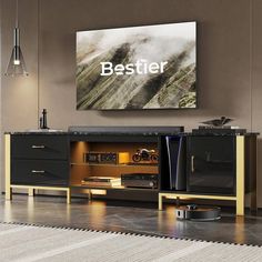 a black and gold entertainment center in a living room