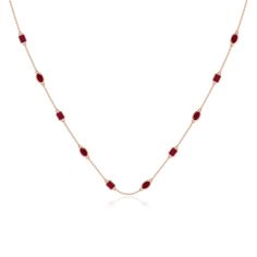 Add some edge to your style with this station necklace. It showcases oval and emerald-cut rubies alternately bezel set at equal intervals on a fine-quality chain. This appealing necklace is crafted in 14k rose gold. Classic Oval Necklace With Delicate Chain, Classic Oval Necklaces With Delicate Chain, Classic Necklaces With Delicate Oval Chain, Ruby Pendant, Ruby Necklace, Station Necklace, Look Stylish, 18k Rose Gold, Bezel Setting