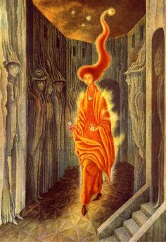 a painting of a woman in orange robes walking up stairs to a cave with an orb above her head