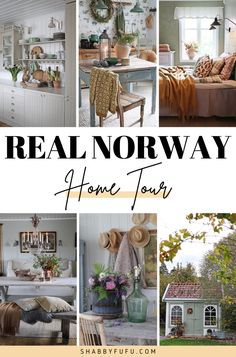 the real norway home tour is featured in this postcard with pictures of furniture and decor