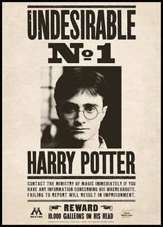 a harry potter wanted poster is shown in black and white with the words, undesirable no 1