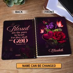 a spiral notebook with the words, blessed are the pure in heart for they shall see god