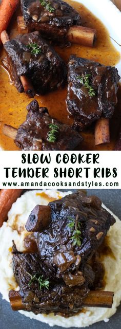 slow cooker tender short ribs with mashed potatoes and carrots