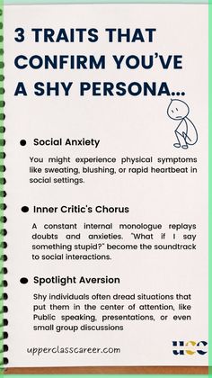 If you have one of these 3 traits, you know that you have a shy persona. By acknowledging your shyness and its triggers, you take the first step towards reclaiming your voice and confidently engaging with the world!\n\n- Personal development | Personality types | Introverts | Social skills | Self-improvement tips | Communication skills | Personality quizzes | Infp | Infj | Career success Infp Infj, Internal Monologue, Inner Critic, Personality Quizzes, Career Success, Human Behavior, Public Speaking, Social Interaction, Personality Types