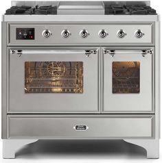 an oven with two burners and one door on the front is shown in stainless steel