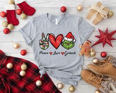 Peace Love Grinch Christmas T-shirt, Peace Love Shirt, Grinchmas Tee, Cute Christmas Grinch Shirt, Family Christmas Shirt, Xmas Holiday Gift HOW TO ORDER T-SHIRT 1. Please go through each photo. 2. Select your size using the drop-down option, then put one shirt at a time into your cart. 3. Choose the color of your shirt from Drop-down 2, which is the shirt color. 4. Please add your text on to the personalization box if it's a personalize design 5. If you order multiples, your shipping will automatically combine. 6. After the correct color and quantity have been added, check out all at once. 7- At last, it will take 1-3 business days for your custom shirt to be shipped. The handling times may change on holidays. PRODUCT INFORMATION Solid colors such as black, white and pink are 100% cotton. Family Grinch Shirts, Grinch Shirts Vinyl, Grinch Tshirts, Grinch Shirt Ideas, Grinch Christmas Shirts, Grinch T Shirt, Grinch Shirt, Grinch Shirts, Christmas Tee Shirts