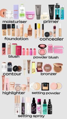 Foundation Concealer, Setting Spray, Setting Powder, Bronzer, Highlighter, Concealer, Moisturizer, Spray