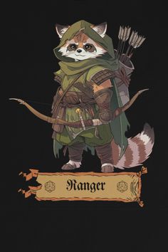 D&D class t-shirt design, drawing of a racoon Ranger holding a bow. Dnd Raccoon Character, Cardcaster Warlock, Forest Ranger Aesthetic, Dnd Animal Characters, Racoon Character Design, Dnd Ranger Character Design, Ranger Character Design, Archer Dnd, Dnd Tattoo Ideas