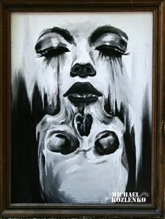 a black and white painting of a woman's face with tears on her eyes