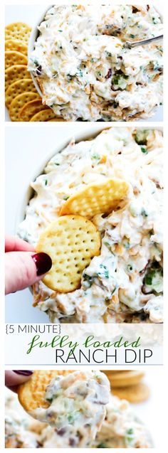 the recipe for ranch dip is shown with crackers