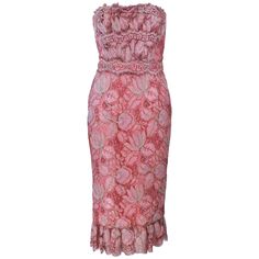 This Elizabeth Mason Couture cocktail dress is fashioned from the finest pink and metallic lace. Its chic design features scalloped edging and a beautiful fanned bust. The interior is fully boned and lined with silk and comes with a matching belt and silk wrap. It is custom made in Beverly Hills. This is a couture custom order. Please allow for a 60 day lead time from measurements, fabric selection, patterning, toile fitting, to final product. The dress shown is a sample size 2. The sample is no Cocktail Dress Classy Evening, 1950s Clothes, Princess Boutique, Vintage Evening Gowns, Lace Cocktail Dress, Embellished Gown, Pink Metallic, Red Lace Dress, Metal Lace