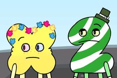 two cartoon characters are standing next to each other, one has a flower crown on his head