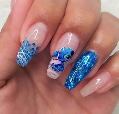 Disney Inspired Nails, Disney Acrylic Nails, Kutek Disney, Unghie Nail Art, Fake Nails Designs, Nails Blue, Really Cute Nails, Disney Nails