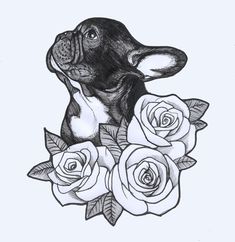 a black and white drawing of a dog surrounded by roses