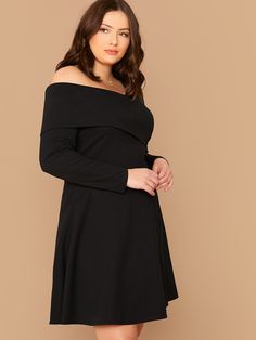 Plus Foldover Asymmetrical Neck Flare Dress #Sponsored , #AFF, #Asymmetrical#Foldover#Neck Black Plain, Shein Style, Lingerie Sleepwear, Black Pattern, Dress P, Flare Dress