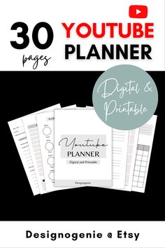 the 30 page planner is shown in black and white with text that reads,'30 youtube