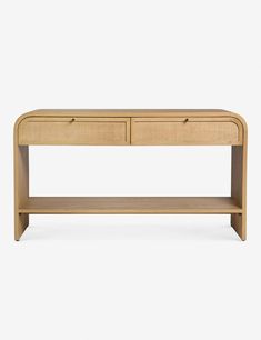 a wooden console table with two drawers on one side and an open shelf at the top