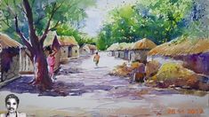 a painting of people walking down a street with thatched huts on either side of the road