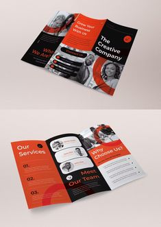 an orange and black tri fold brochure is shown