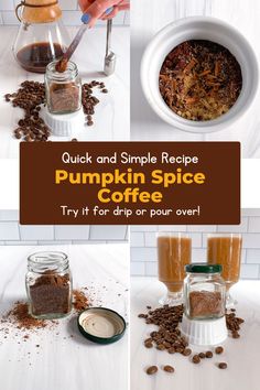 pumpkin spice coffee recipe in mason jars with cinnamons and other ingredients to make it