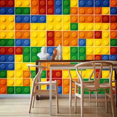 colorful lego wallpaper in a dining room