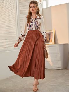 Multicolor Elegant  Long Sleeve Cotton Plants   Non-Stretch Spring/Fall Women Co-ords Outfit Elegantes, Elastic Skirt, Elegant Skirt, Skirts Online, Floral Print Blouses, Print Blouse, Modest Dresses, Blouse Styles