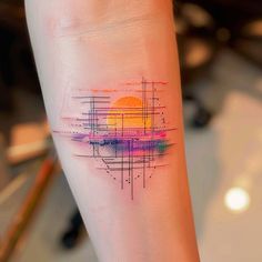 Sunset Tattoo Vector Art Morphing Tattoo Ideas, Geometric Sunset Tattoo, Color Tattoos For Women, Watercolor Tattoo Sleeve, Sunset Vector, Professional Tattoo Kits, Flower Of Life Tattoo, Sunset Tattoo, Colour Tattoo For Women